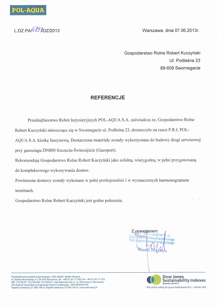 Referencja Firma POL-AQUA S.A.