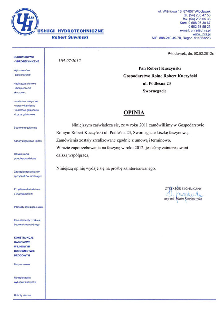Referencja Usługi Hydrotechniczne Robert Śliwiński