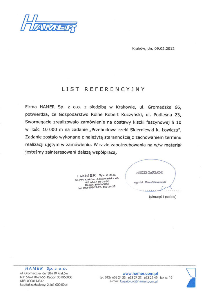 Referencja Firma HAMER Sp. z o.o.